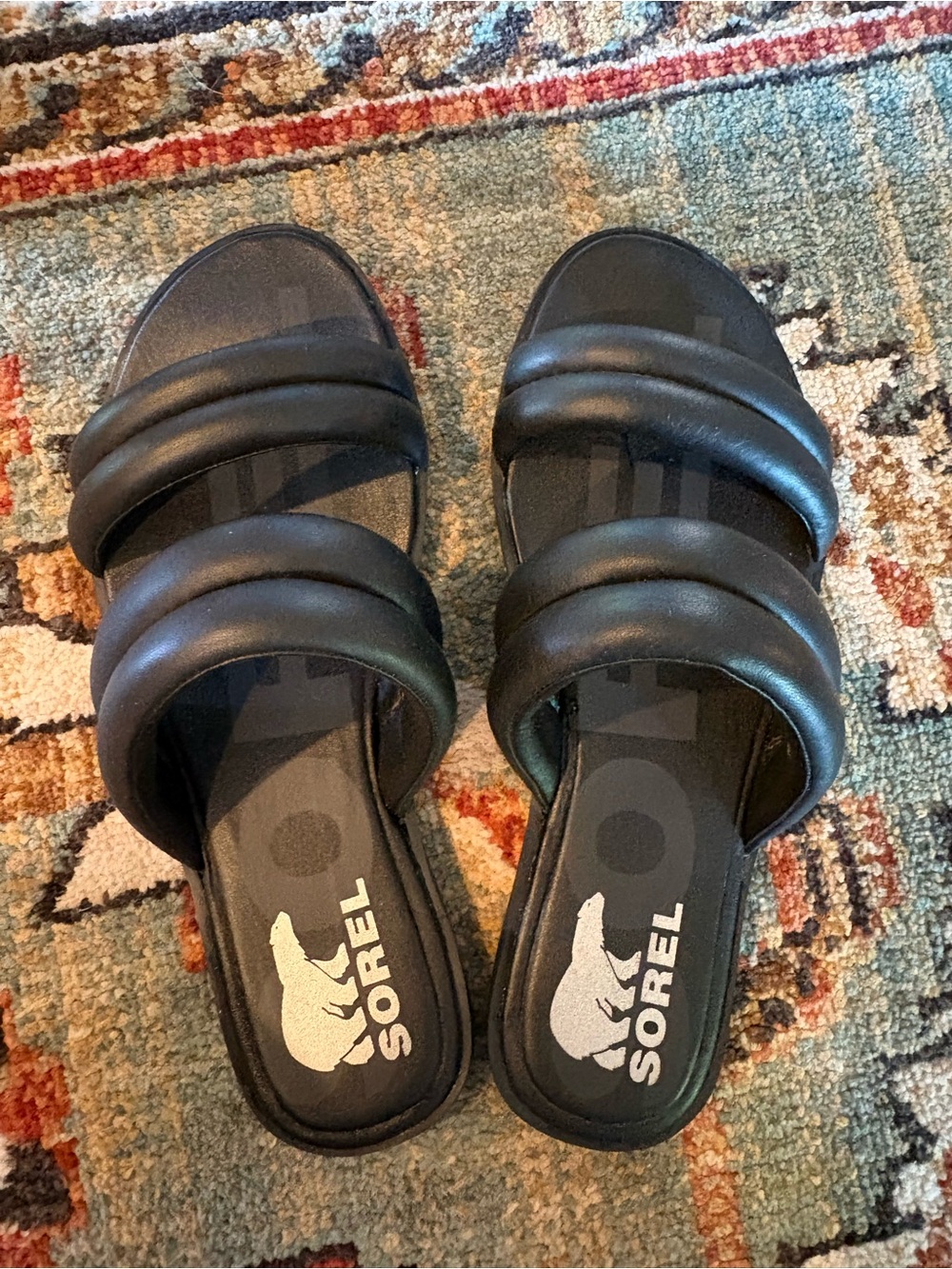 Sorel Black Padded Double-Strap Slide Sandals
